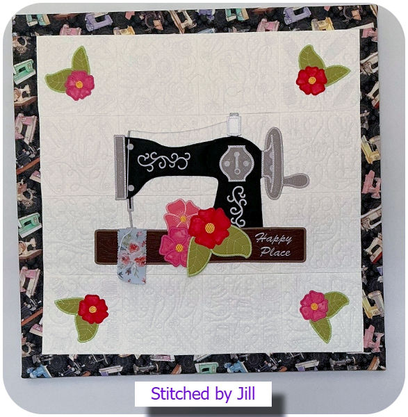 Large Applique Sewing Machine and quilted background by Jill