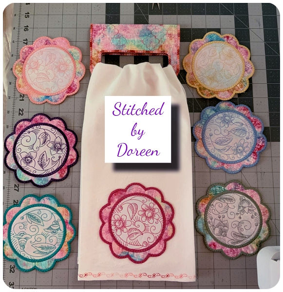 Summertime Coasters and in the hoop towel topper by Doreen