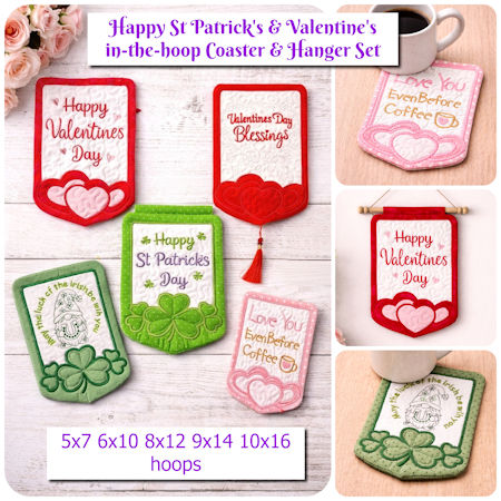 St Patricks & Valentines in-the-hoop Coasters & Hangers